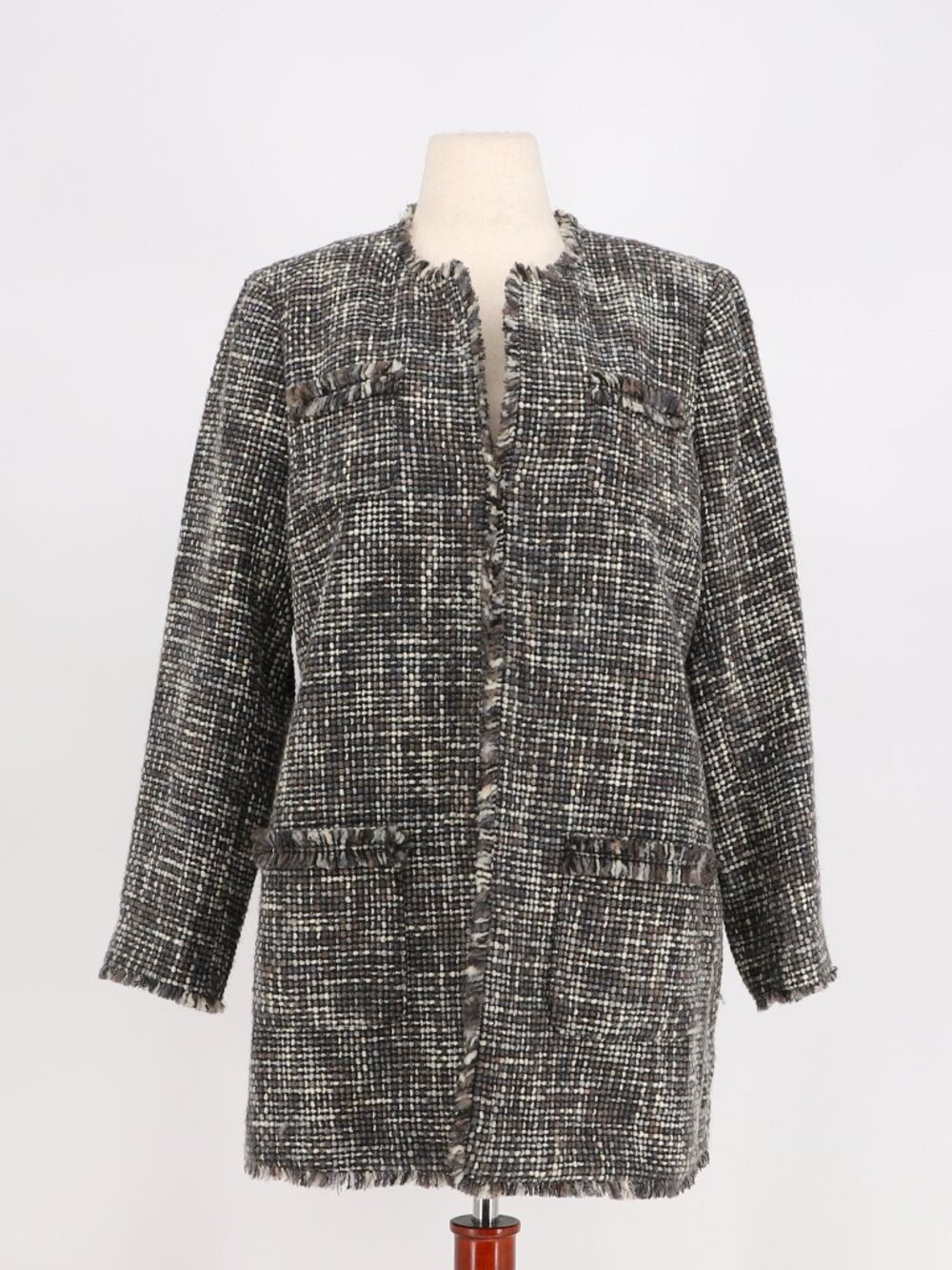 CHICO'S Wool Blend Tweed Fringe Long Jacket Size 2/L